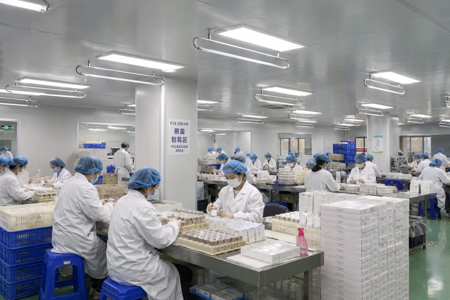Workers in lab coats in a clean factory packaging area for eye cream products. They wear blue caps and are surrounded by boxes and containers.